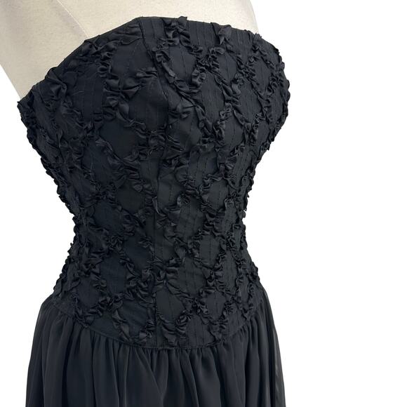 Vintage 80s Midnight Glo Strapless Corset Dress S Black Chiffon Prom Fairy Goth - Picture 8 of 13